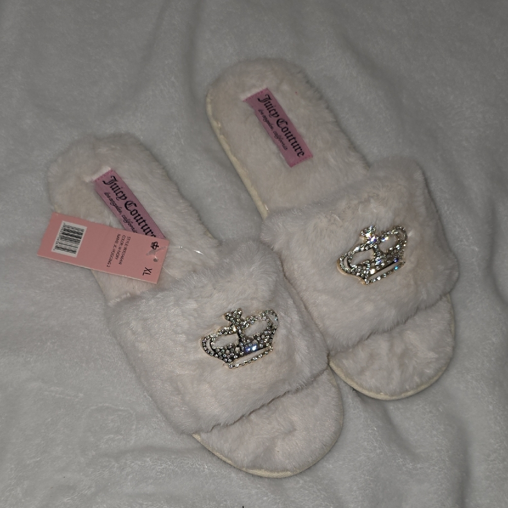 Juicy Couture Cream Fuzzy Slippers with Crown Detail